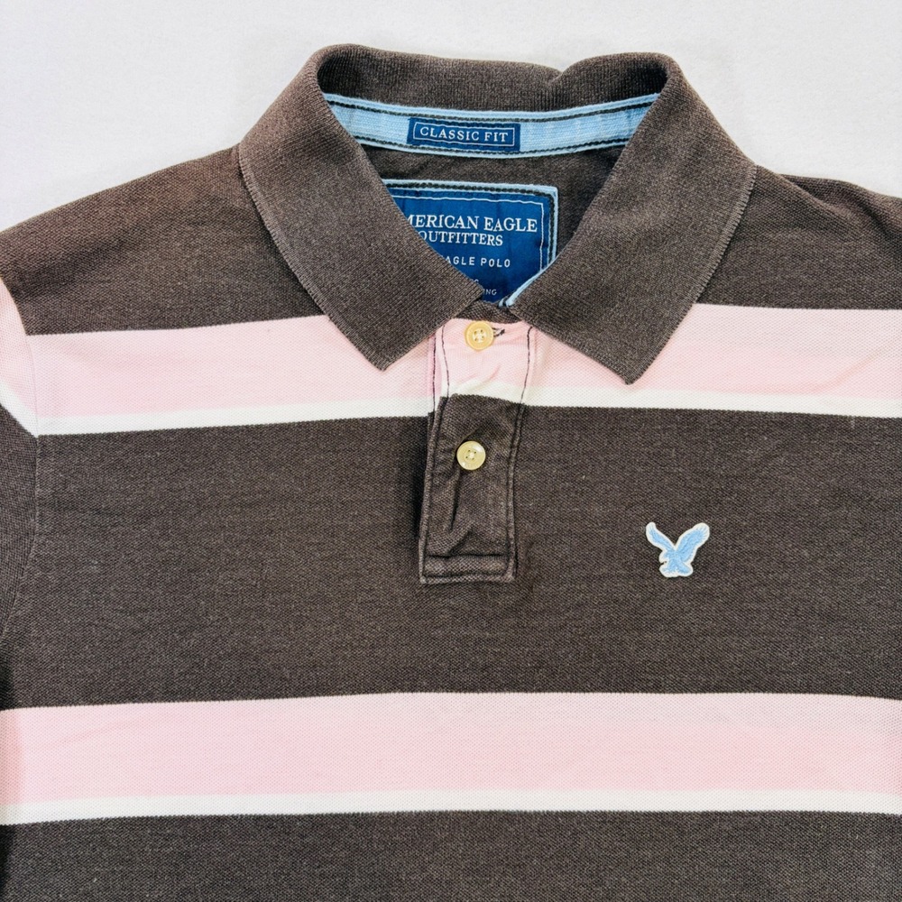 American Eagle Outfitters Mens M Brown Pink Striped Eagle Polo Shirt Classic Y2K